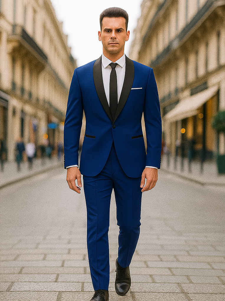 Men's Cobalt Blue ~ Indigo ~ Bright Blue ~ Teal ( Light Dark Navy ) With Black Lapel Shawl lapel 1 Single Button Tuxedo Suit