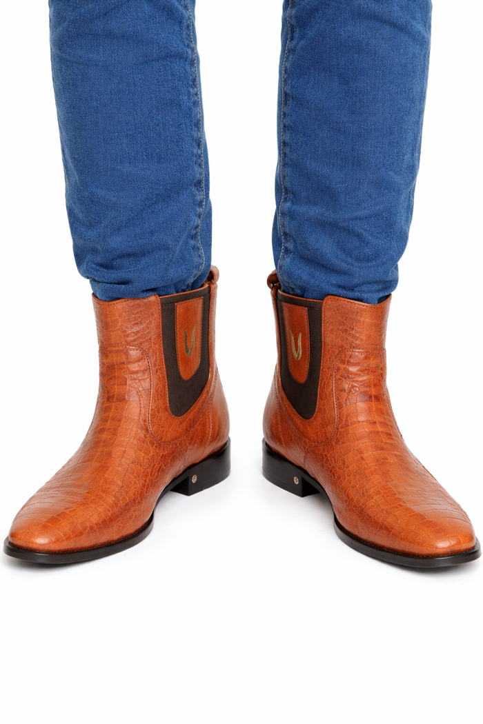 Men's Cognac Vestigium Genuine Ostrich Leg Chelsea Boots Handcrafted