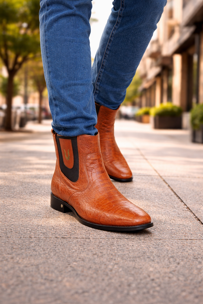 Men's Cognac Vestigium Genuine Ostrich Leg Chelsea Boots Handcrafted