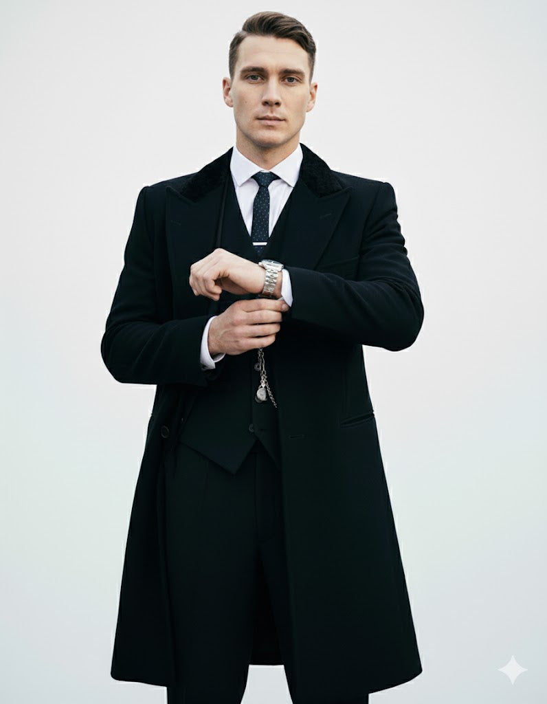 Mens Costume Thomas Shelby Black Vested Suit & Black Overcoat