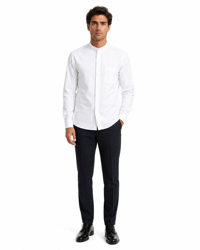Cotton French Front Mandarin Shirt - White