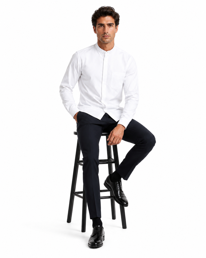 Cotton French Front Mandarin Shirt - White