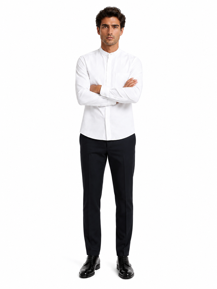 Cotton French Front Mandarin Shirt - White