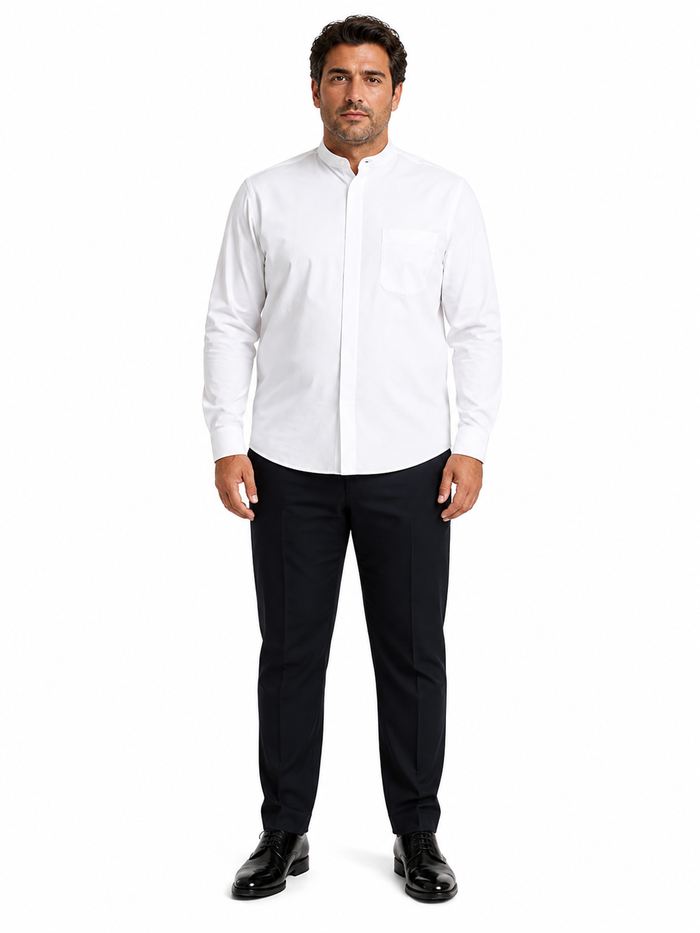 Cotton French Front Mandarin Shirt - White