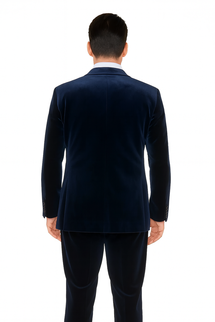 Men's Dark Navy velour Men's blazer Jacket 2 Button Velvet Fabric 3 Piece Vested Side Vent Suit
