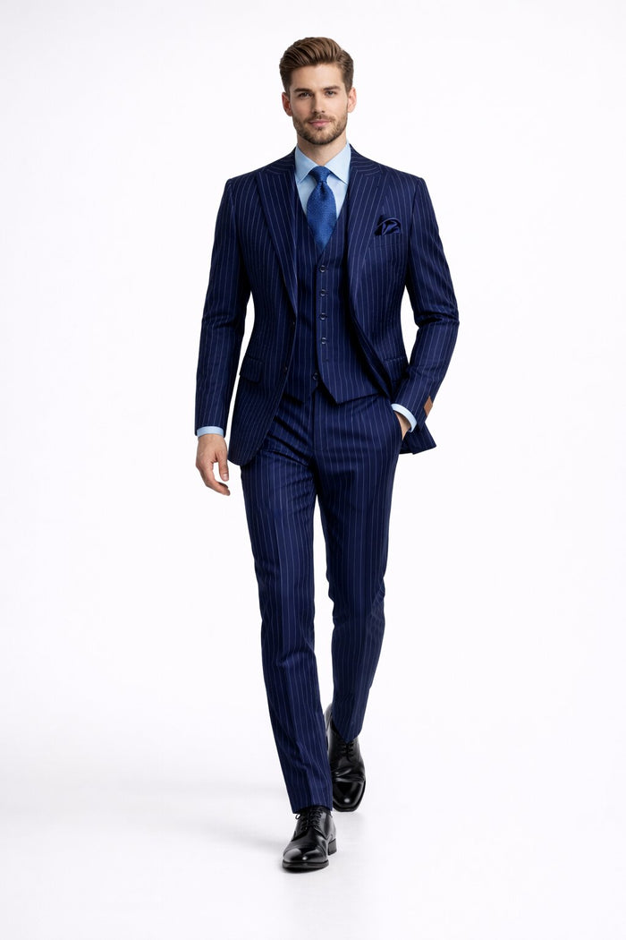 Men's Navy Peak Lapel Modern Fit Vested Suit