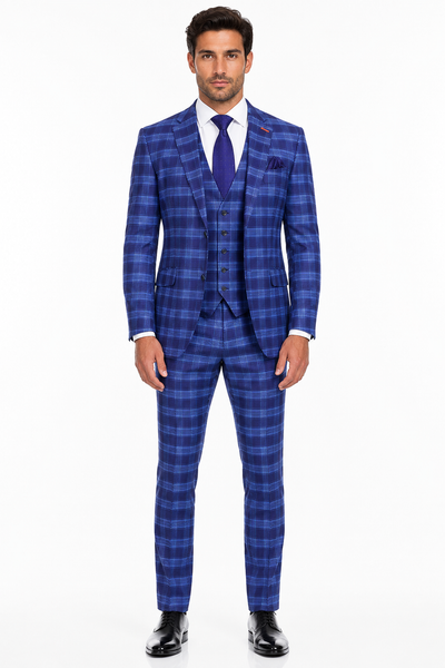 Men's Designer Two Button Modern Fit Vested Wool Suit in Indigo Blue Glen Plaid