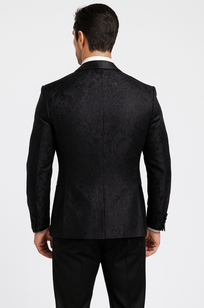 Men's Designer Vested Floral Lace Wedding Tuxedo in Black