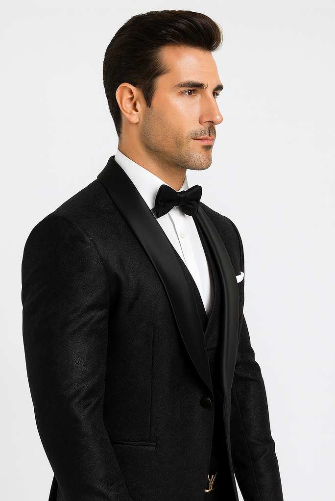 Men's Designer Vested Floral Lace Wedding Tuxedo in Black