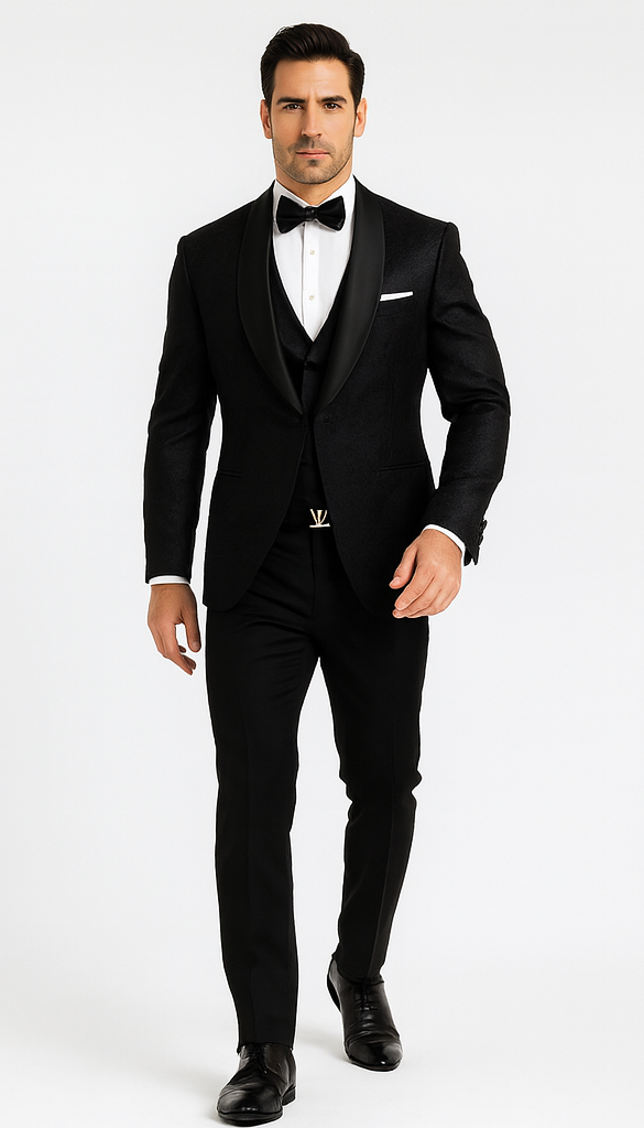 Men's Designer Vested Floral Lace Wedding Tuxedo in Black