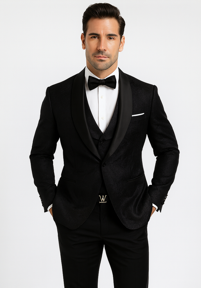 Men's Designer Vested Floral Lace Wedding Tuxedo in Black