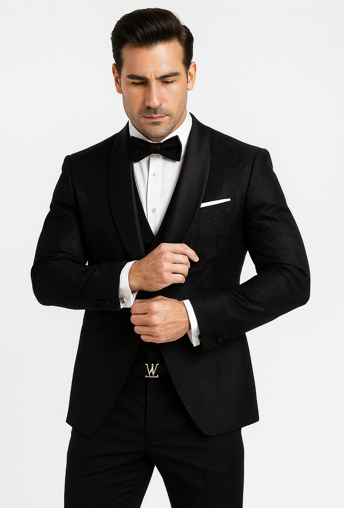 Men's Designer Vested Floral Lace Wedding Tuxedo in Black