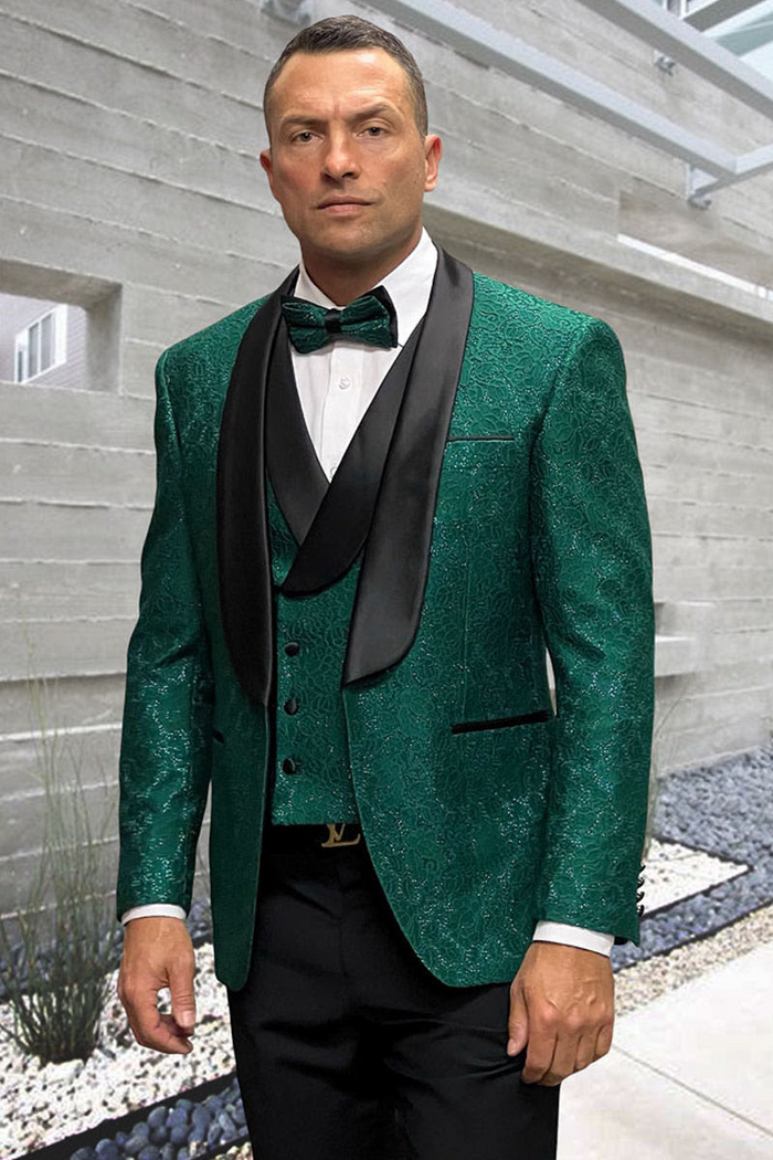 Premium Hunter Green Wedding Tuxedo for Men – Vested Floral Lace Style