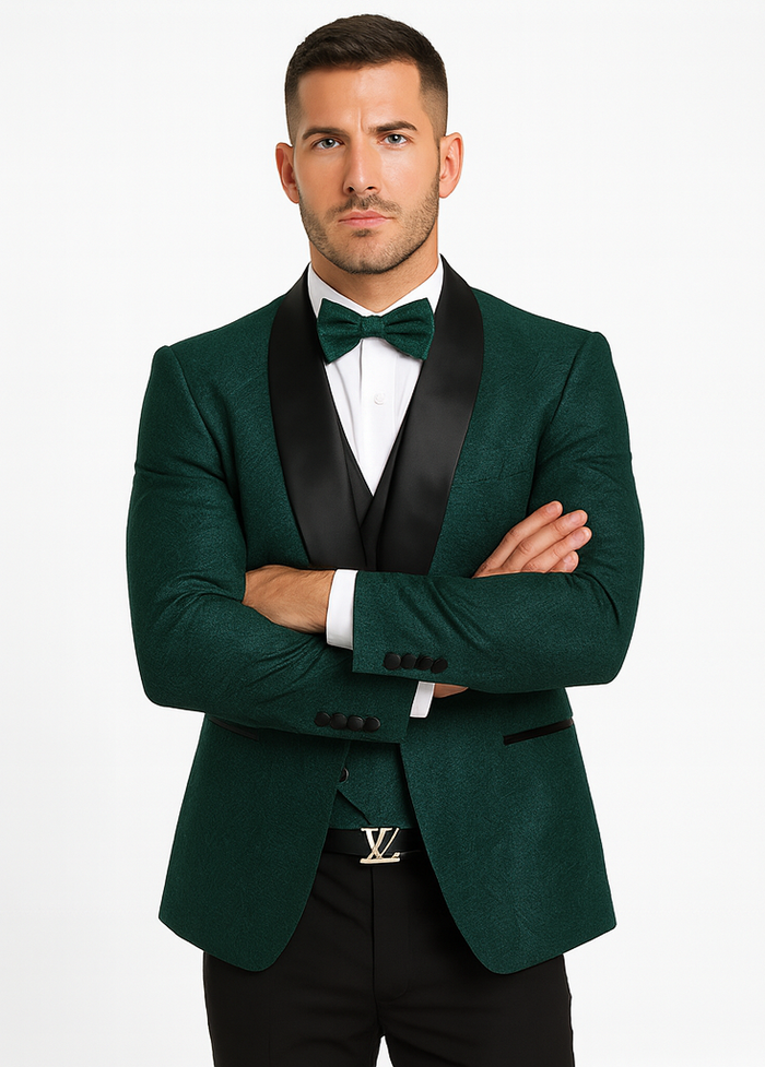 Premium Hunter Green Wedding Tuxedo for Men – Vested Floral Lace Style