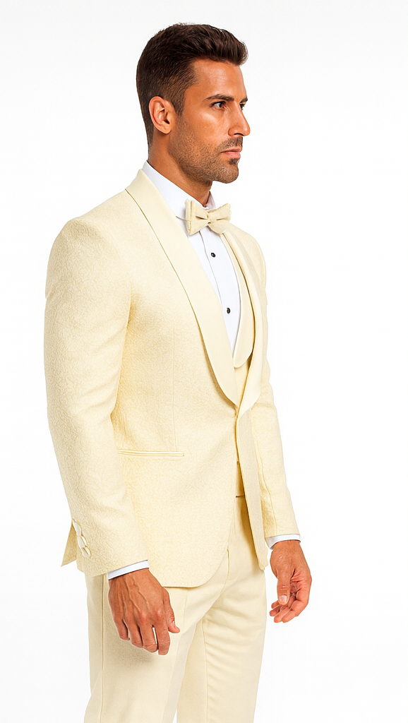 Ivory Floral Lace Groom Tuxedo Set – Men’s Designer Vested Wedding Suit