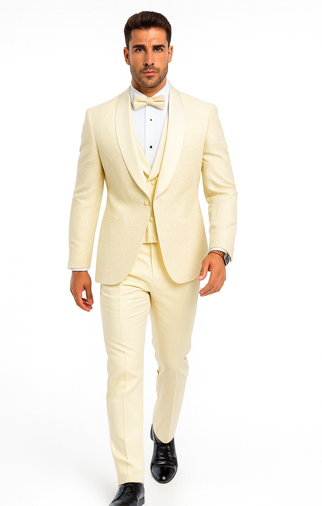 Ivory Floral Lace Groom Tuxedo Set – Men’s Designer Vested Wedding Suit