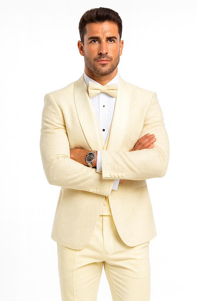 Ivory Floral Lace Groom Tuxedo Set – Men’s Designer Vested Wedding Suit
