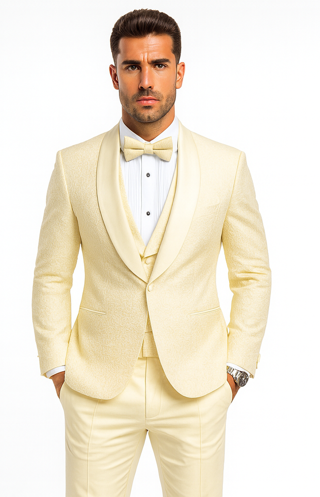 Ivory Floral Lace Groom Tuxedo Set – Men’s Designer Vested Wedding Suit