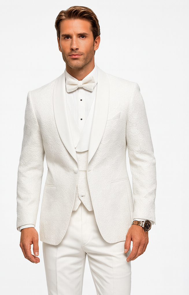 White Floral Lace Groom Tuxedo Set – Men’s Designer Vested Wedding Suit