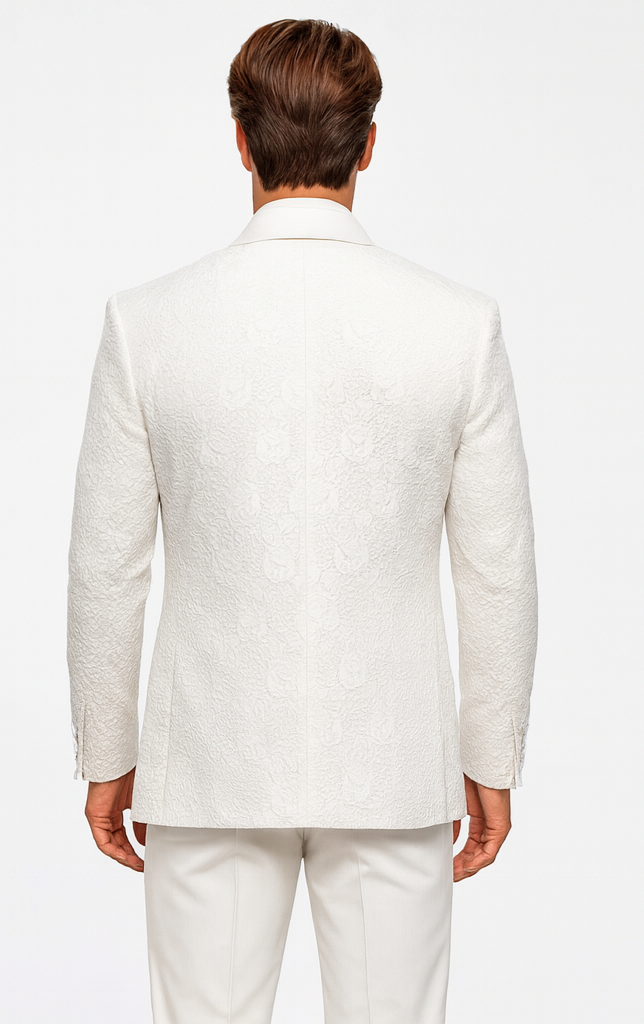 White Floral Lace Groom Tuxedo Set – Men’s Designer Vested Wedding Suit