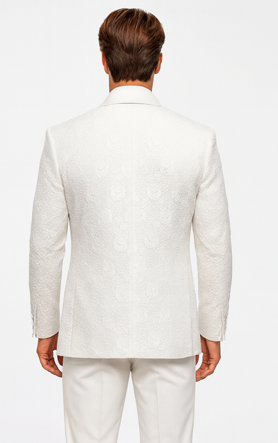 White Floral Lace Groom Tuxedo Set – Men’s Designer Vested Wedding Suit