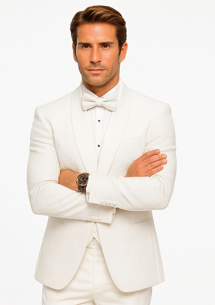 White Floral Lace Groom Tuxedo Set – Men’s Designer Vested Wedding Suit