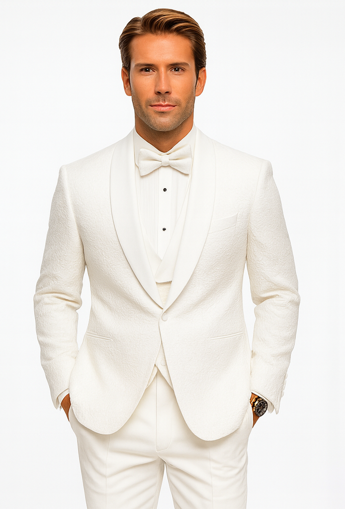 White Floral Lace Groom Tuxedo Set – Men’s Designer Vested Wedding Suit