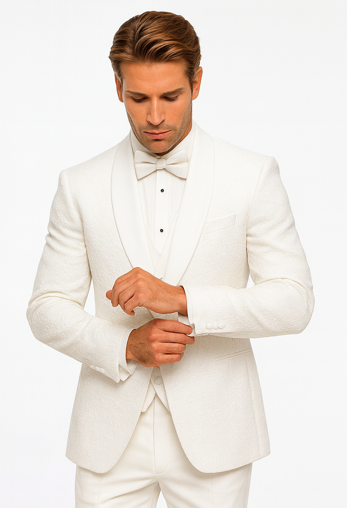 White Floral Lace Groom Tuxedo Set – Men’s Designer Vested Wedding Suit