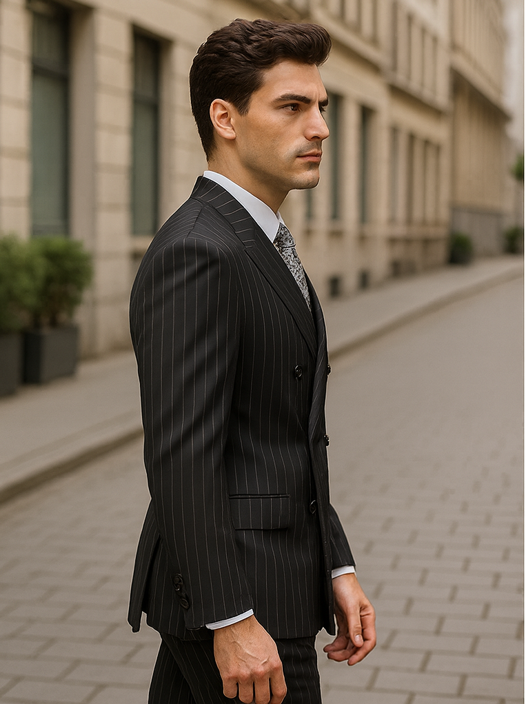 Double Breasted Gangster Pinstripe Suit in Black