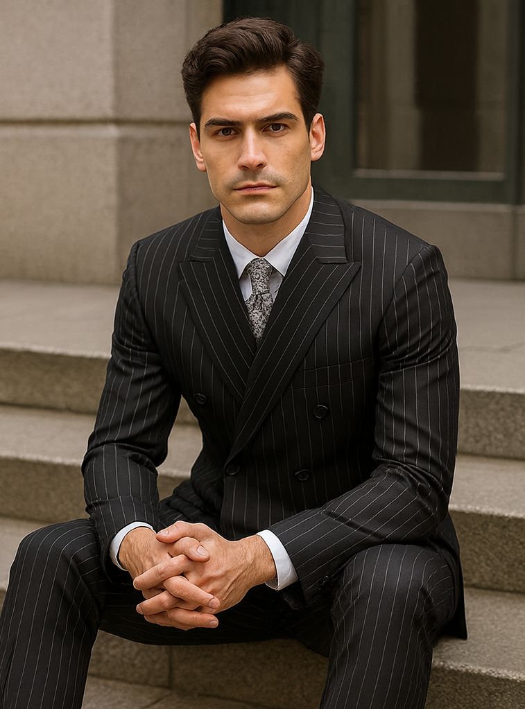 Double Breasted Gangster Pinstripe Suit in Black