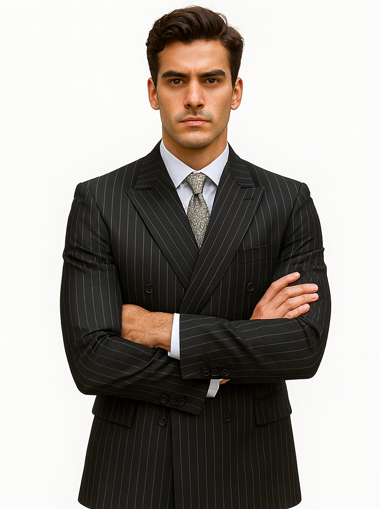 Double Breasted Gangster Pinstripe Suit in Black