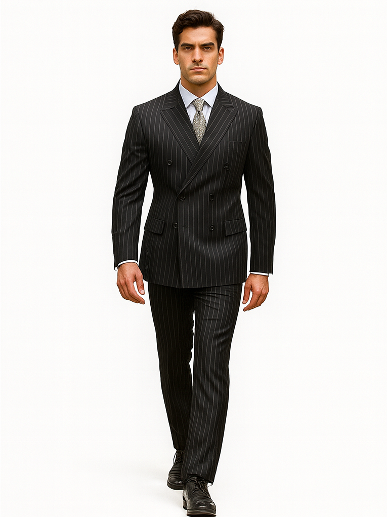 Double Breasted Gangster Pinstripe Suit in Black