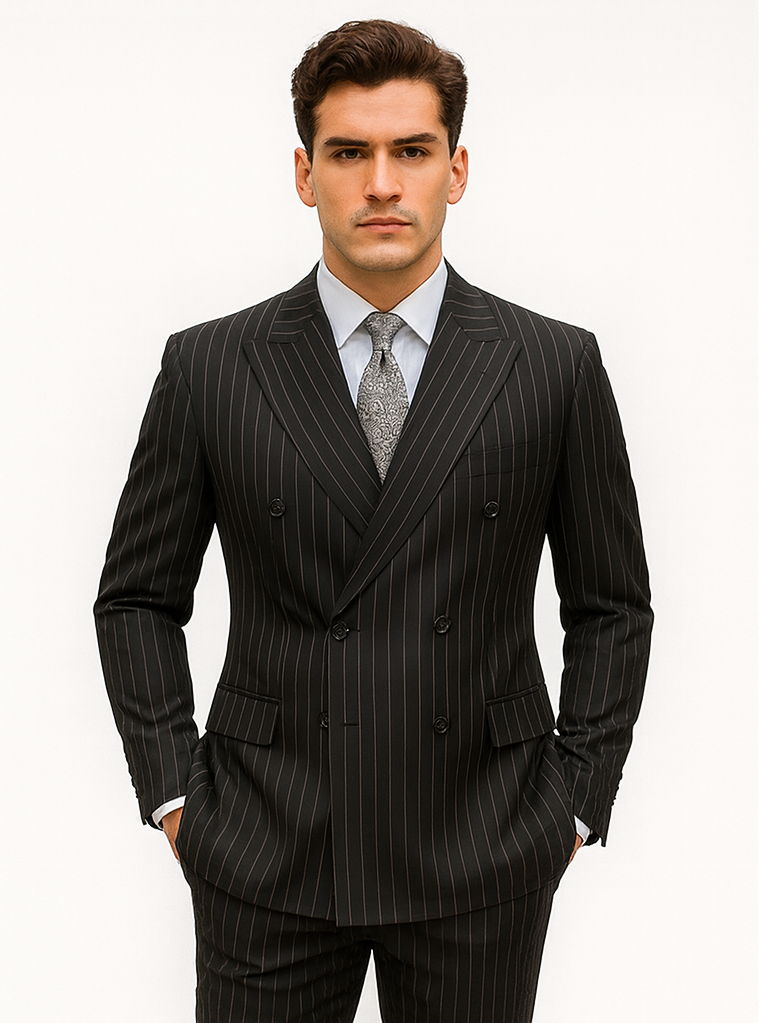 Double Breasted Gangster Pinstripe Suit in Black