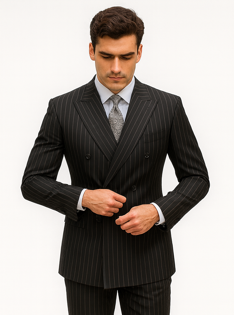 Double Breasted Gangster Pinstripe Suit in Black