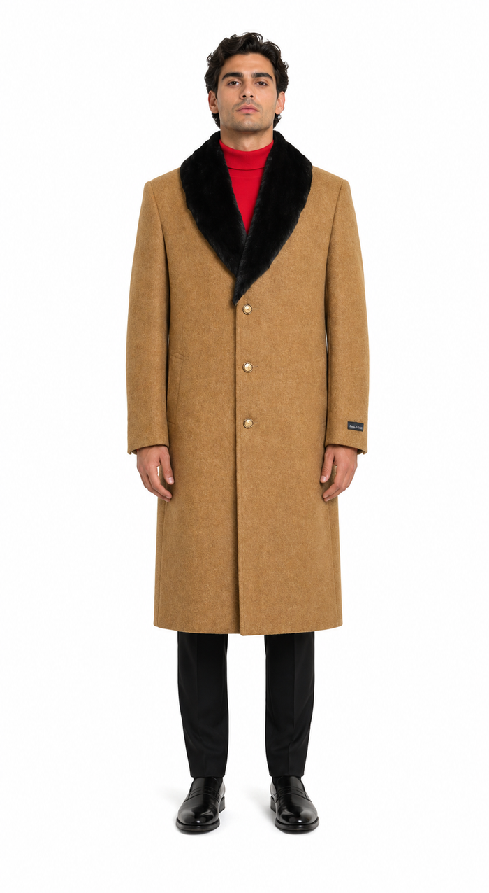 Men's Dress Coat (Removable ) Fur Collar Camel 3 Button Full Length Overcoat ~ Long Men's Dress Topcoat - Winter coat full length Fabric Also