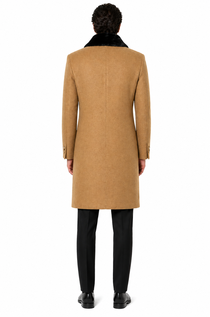 Men's Dress Coat (Removable ) Fur Collar Camel 3 Button Full Length Overcoat ~ Long Men's Dress Topcoat - Winter coat full length Fabric Also