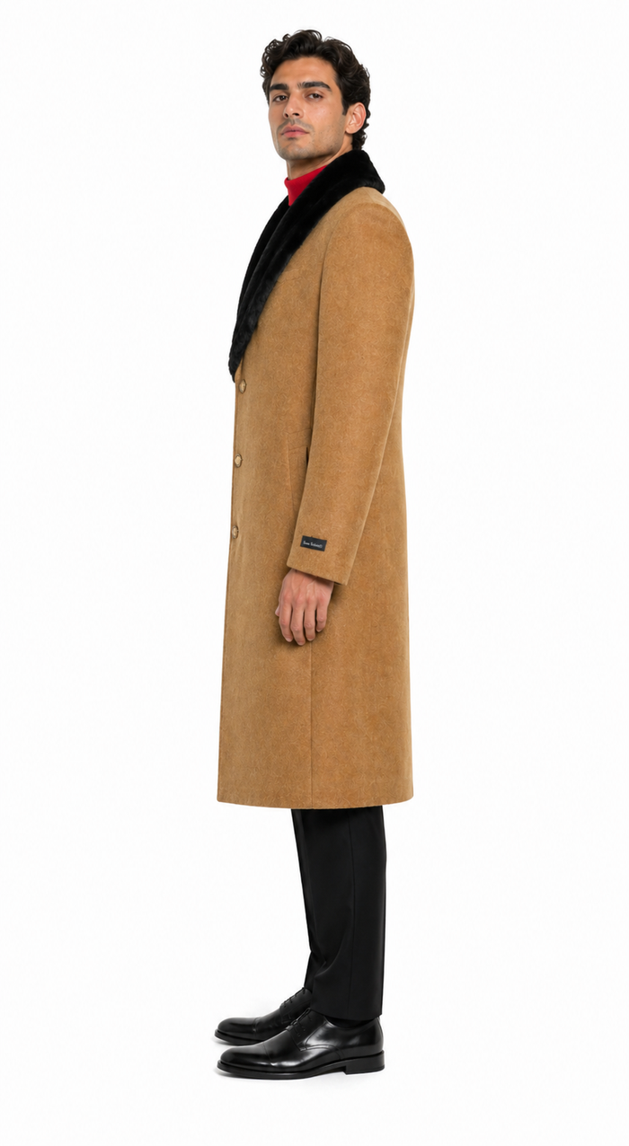 Men's Dress Coat (Removable ) Fur Collar Camel 3 Button Full Length Overcoat ~ Long Men's Dress Topcoat - Winter coat full length Fabric Also