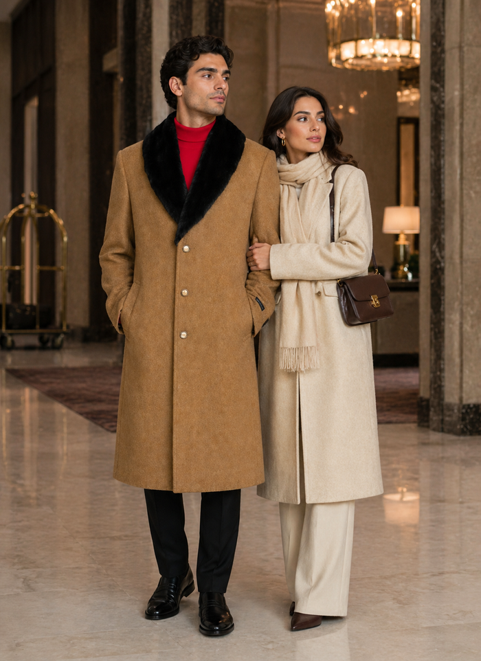 Men's Dress Coat (Removable ) Fur Collar Camel 3 Button Full Length Overcoat ~ Long Men's Dress Topcoat - Winter coat full length Fabric Also
