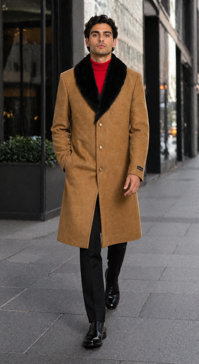 Men's Dress Coat (Removable ) Fur Collar Camel 3 Button Full Length Overcoat ~ Long Men's Dress Topcoat - Winter coat full length Fabric Also