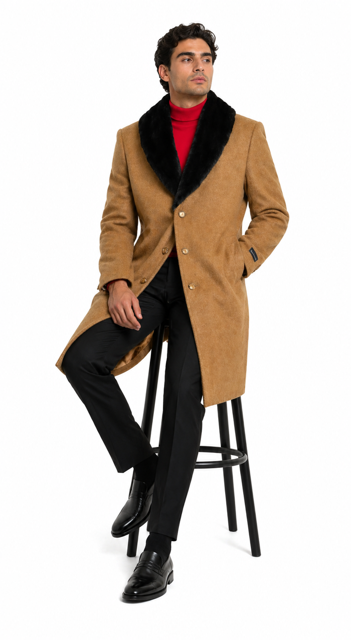 Men's Dress Coat (Removable ) Fur Collar Camel 3 Button Full Length Overcoat ~ Long Men's Dress Topcoat - Winter coat full length Fabric Also