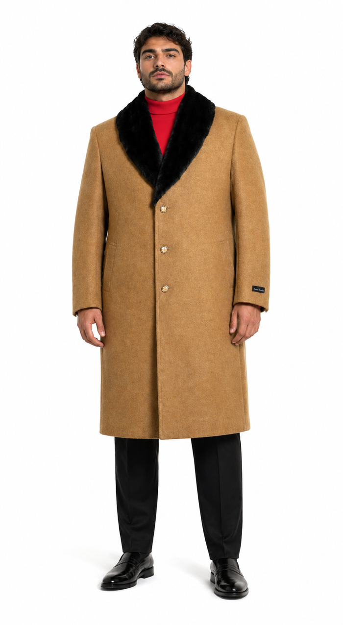 Men's Dress Coat (Removable ) Fur Collar Camel 3 Button Full Length Overcoat ~ Long Men's Dress Topcoat - Winter coat full length Fabric Also