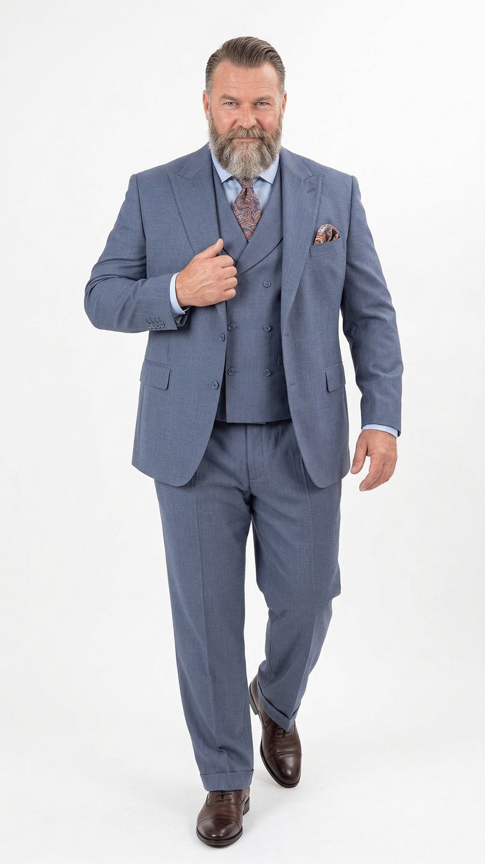 Mens Dusty Blue 3 Piece Suit 100% Wool Fabric – Classic Fit Wide Leg Pleated Pants Double Breasted Vest Formal Business Church Suit By Apollo King