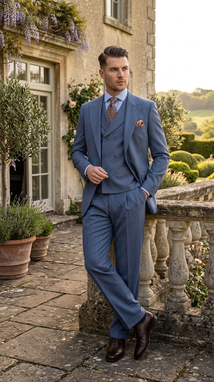 Mens Dusty Blue 3 Piece Suit 100% Wool Fabric – Classic Fit Wide Leg Pleated Pants Double Breasted Vest Formal Business Church Suit By Apollo King