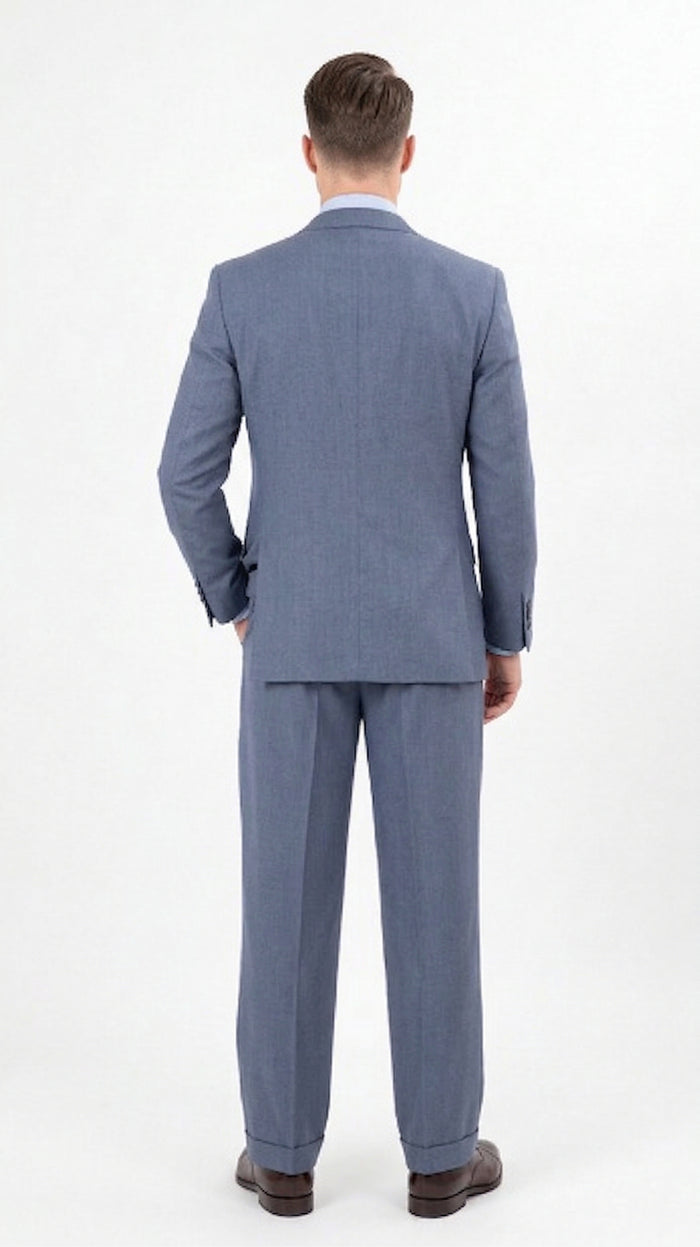 Mens Dusty Blue 3 Piece Suit 100% Wool Fabric – Classic Fit Wide Leg Pleated Pants Double Breasted Vest Formal Business Church Suit By Apollo King