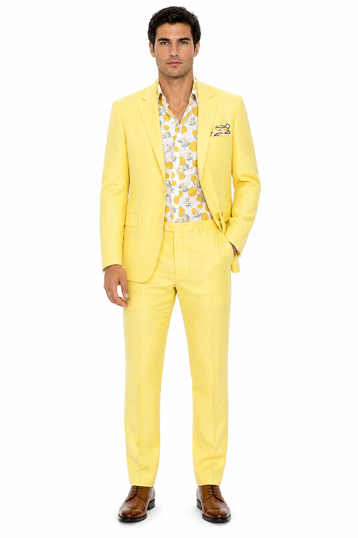 Mens Easter Suit - Jacket and Pants in Summer Color Yellow Linen Modern Fit Light Weight