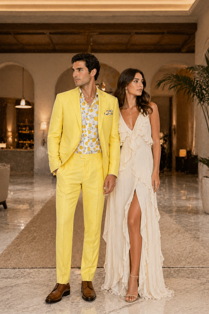 Mens Easter Suit - Jacket and Pants in Summer Color Yellow Linen Modern Fit Light Weight