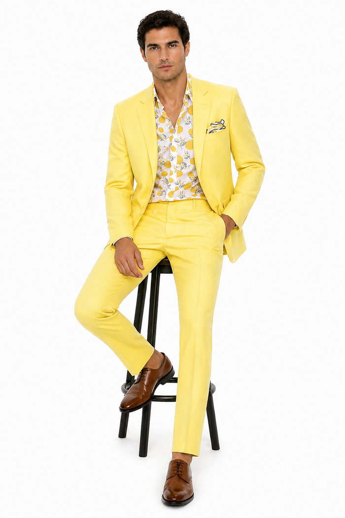 Mens Easter Suit - Jacket and Pants in Summer Color Yellow Linen Modern Fit Light Weight