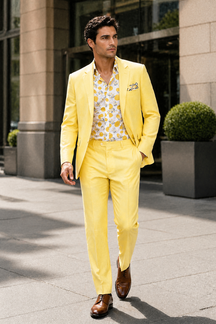Mens Easter Suit - Jacket and Pants in Summer Color Yellow Linen Modern Fit Light Weight