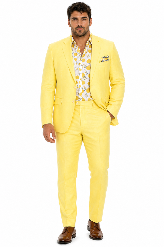 Mens Easter Suit - Jacket and Pants in Summer Color Yellow Linen Modern Fit Light Weight