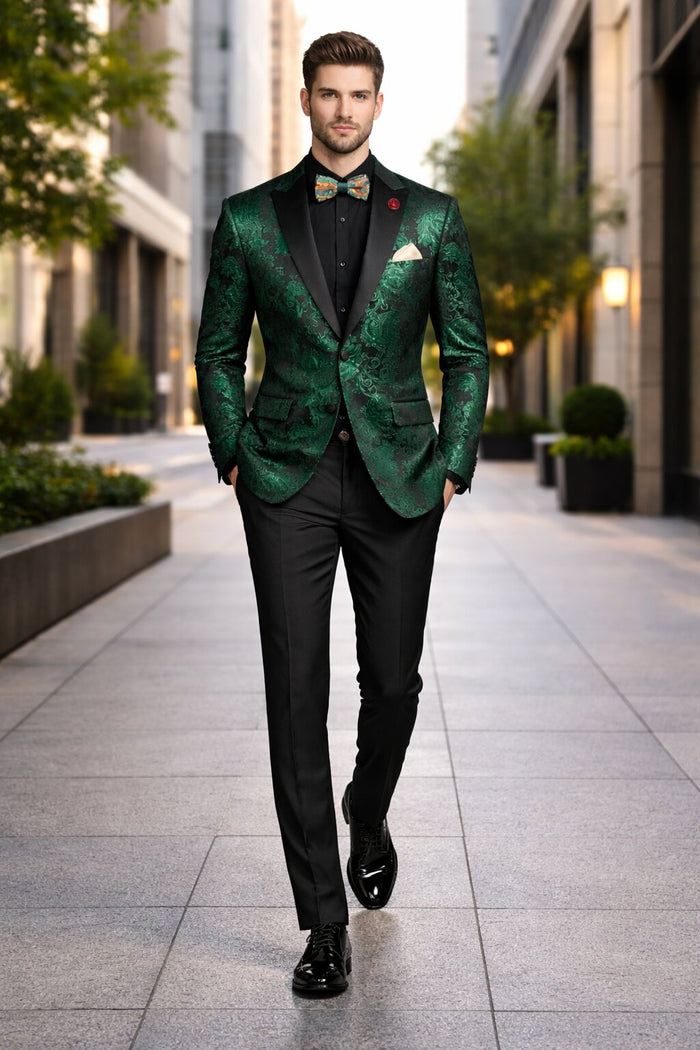 Emerald Green Paisley Tuxedo Suit - Prom Floral Tuxedo Suit - Groom Wedding Suit